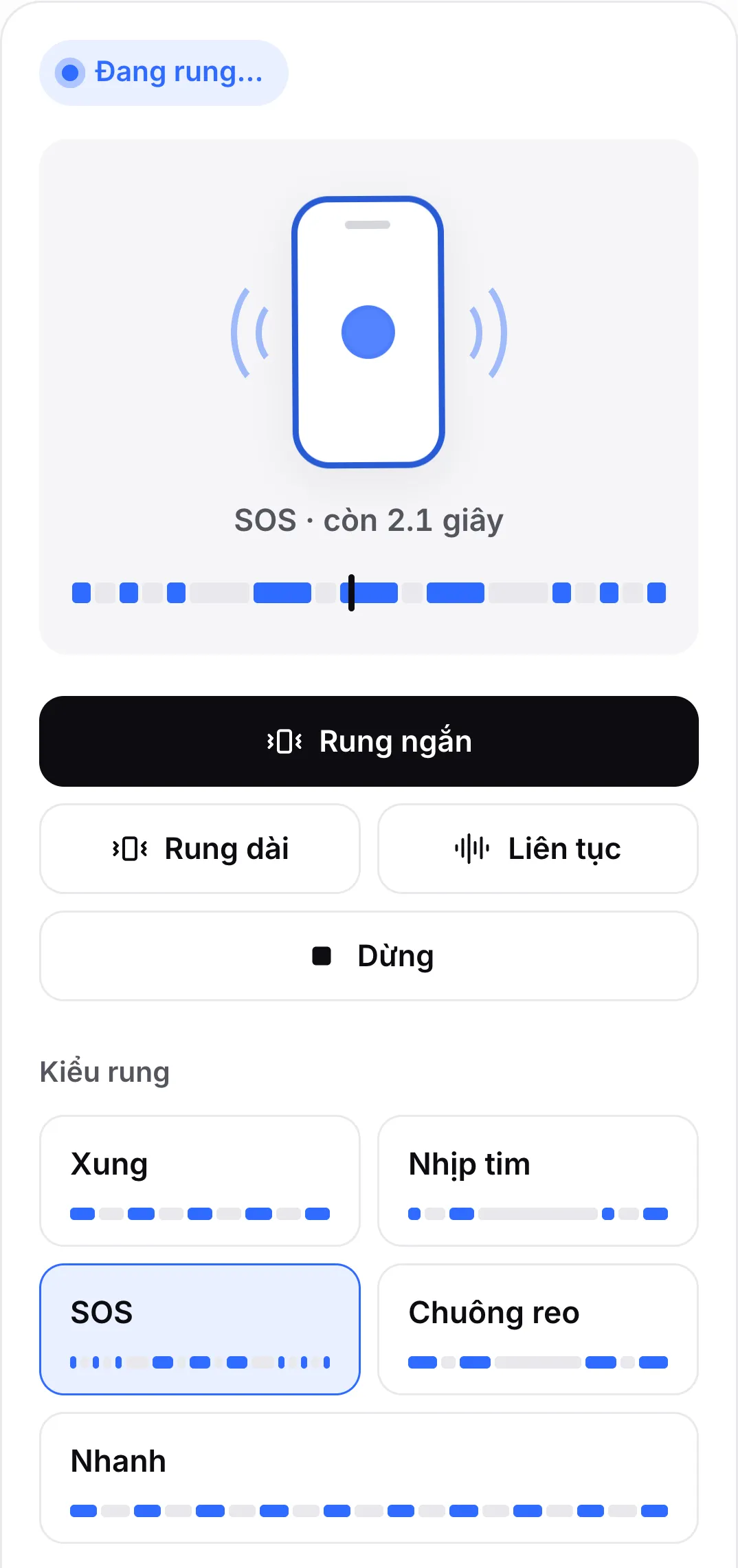 Kiểu rung SOS đang phát: nút của nó được làm nổi bật và dòng thời gian phía trên các nút hiển thị các lần rung ngắn và dài với đầu phát đang ở một lần rung dài