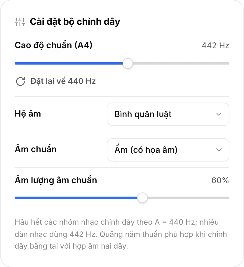 Cài đặt bộ chỉnh dây với thanh trượt cao độ chuẩn (A4) đặt ở 442 Hz, menu hệ âm và các tùy chọn âm chuẩn