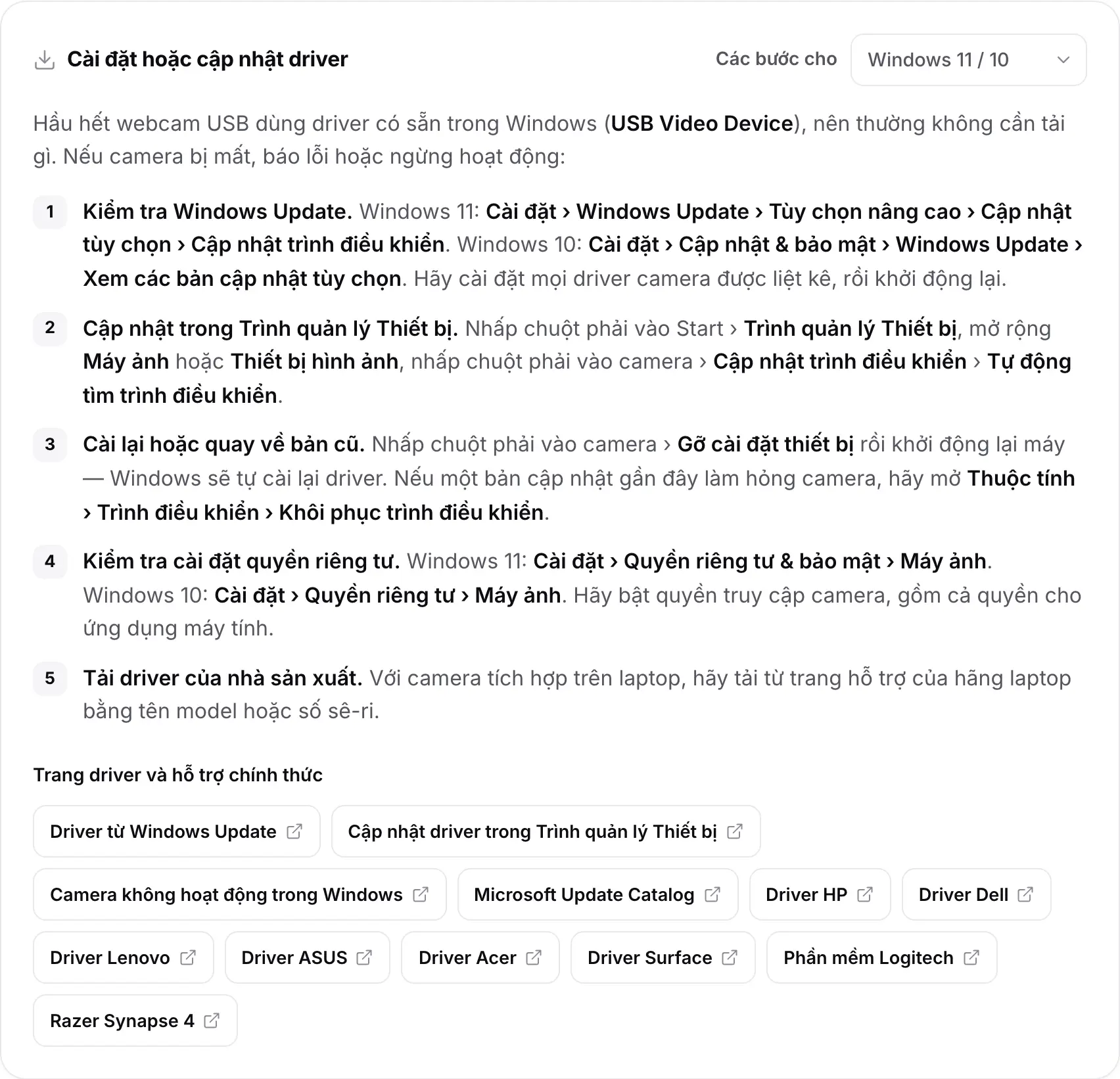 Thẻ Cài đặt hoặc cập nhật driver với các bước cho Windows 11 / 10 và liên kết đến trang driver và hỗ trợ chính thức