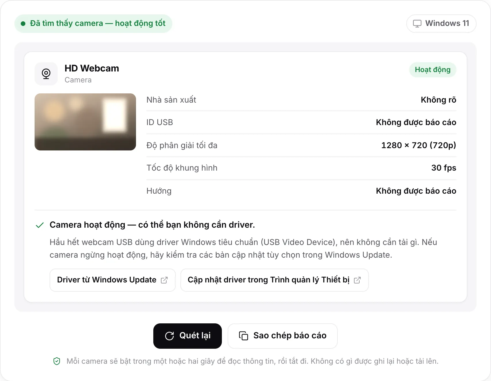 Kết quả quét cho HD Webcam: trạng thái “Đã tìm thấy camera — hoạt động tốt”, một khung hình tĩnh, 1280 × 720 (720p) ở 30 fps và nhận định “Camera hoạt động — có thể bạn không cần driver”, kèm liên kết đến Windows Update và trợ giúp Trình quản lý Thiết bị