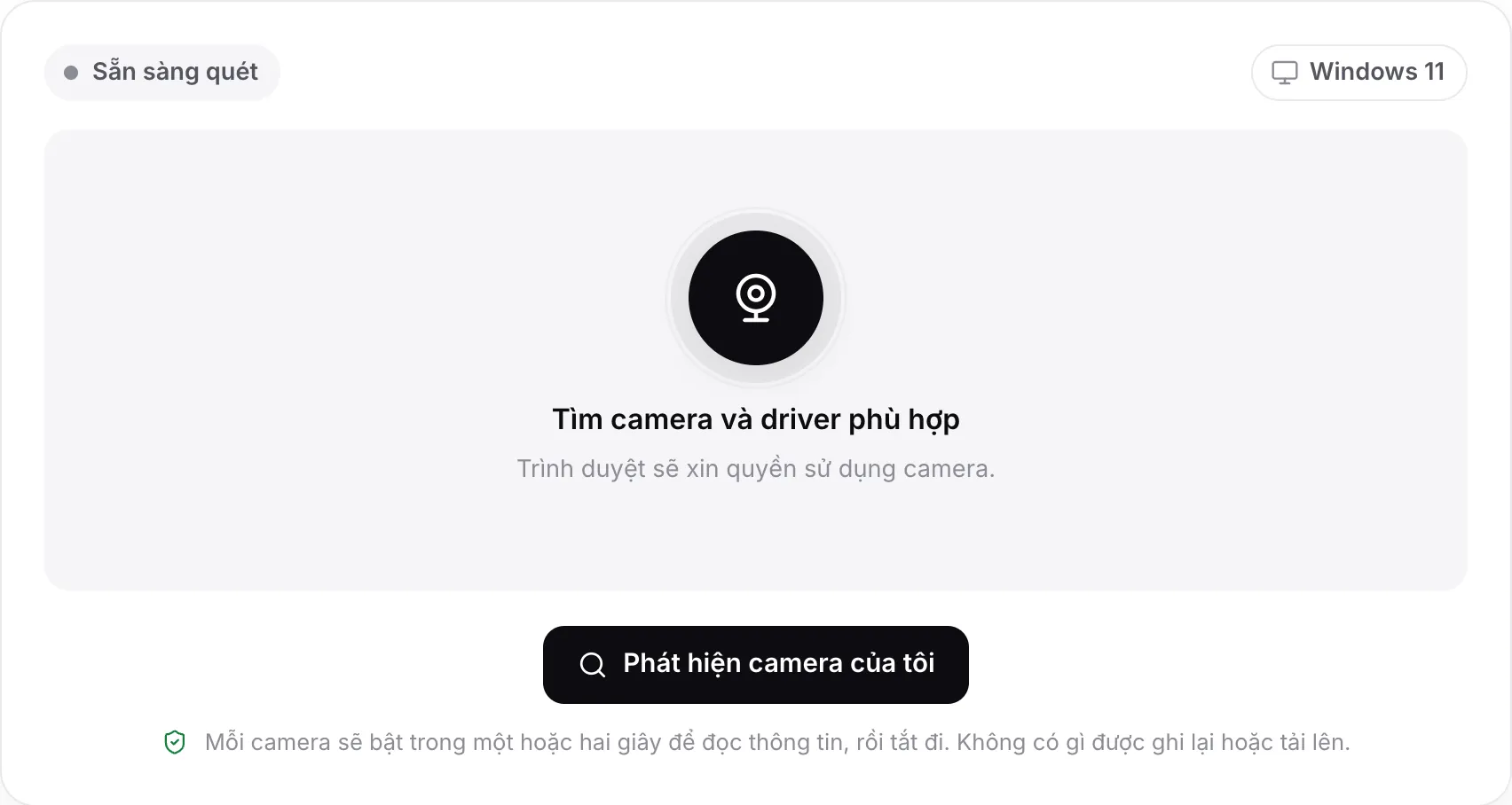 Công cụ tìm driver webcam trước khi quét, với nút Phát hiện camera của tôi và hệ thống được phát hiện là Windows 11