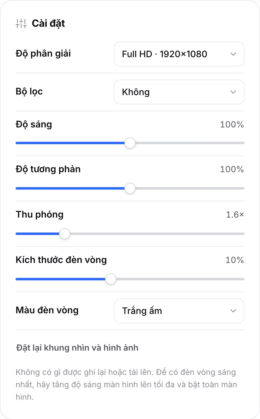 Cài đặt gương với độ sáng, độ tương phản, thu phóng 1,6×, kích thước đèn vòng 10% và màu đèn vòng Trắng ấm