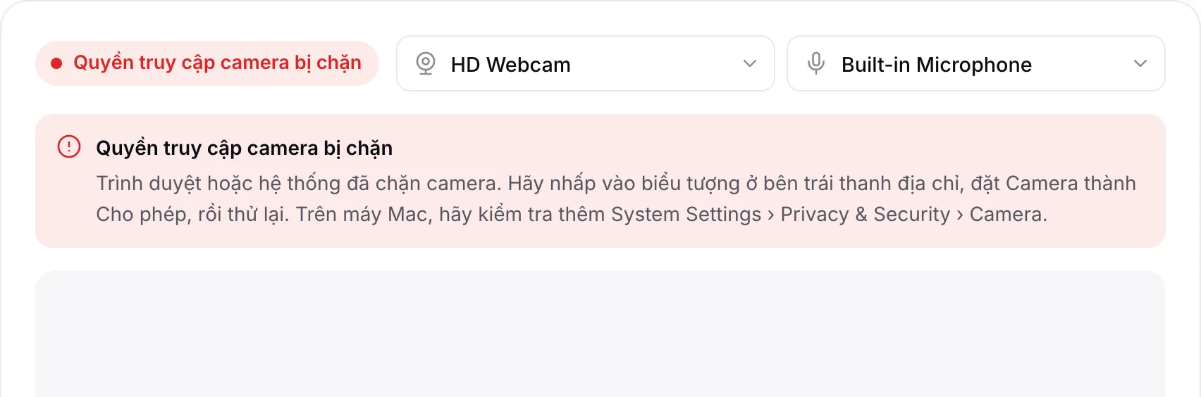 Trình quay webcam hiện thông báo màu đỏ “Quyền truy cập camera bị chặn” kèm hướng dẫn