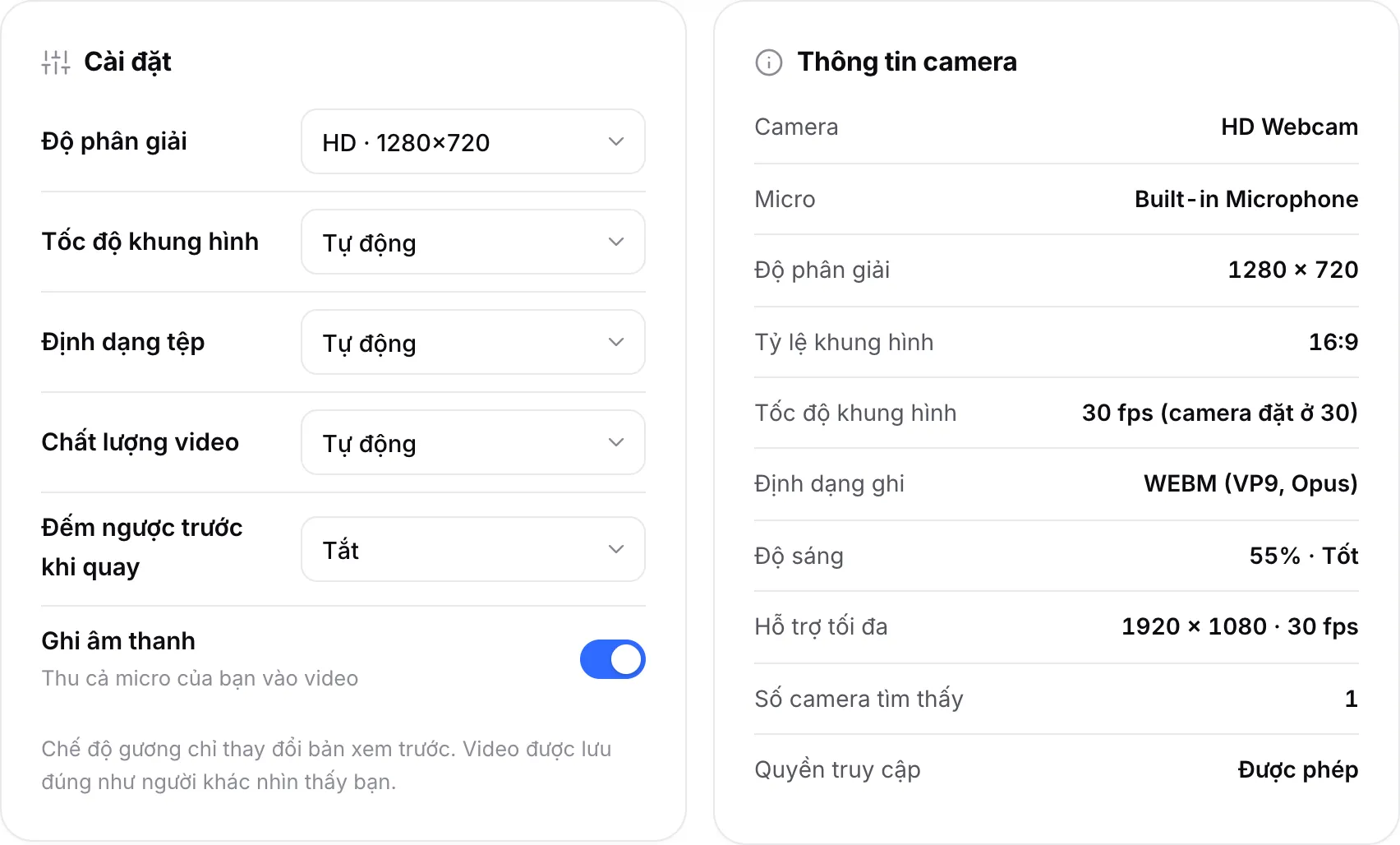 Cài đặt quay bên cạnh Thông tin camera, hiển thị 1280 × 720, 30 fps và định dạng ghi WEBM (VP9, Opus)