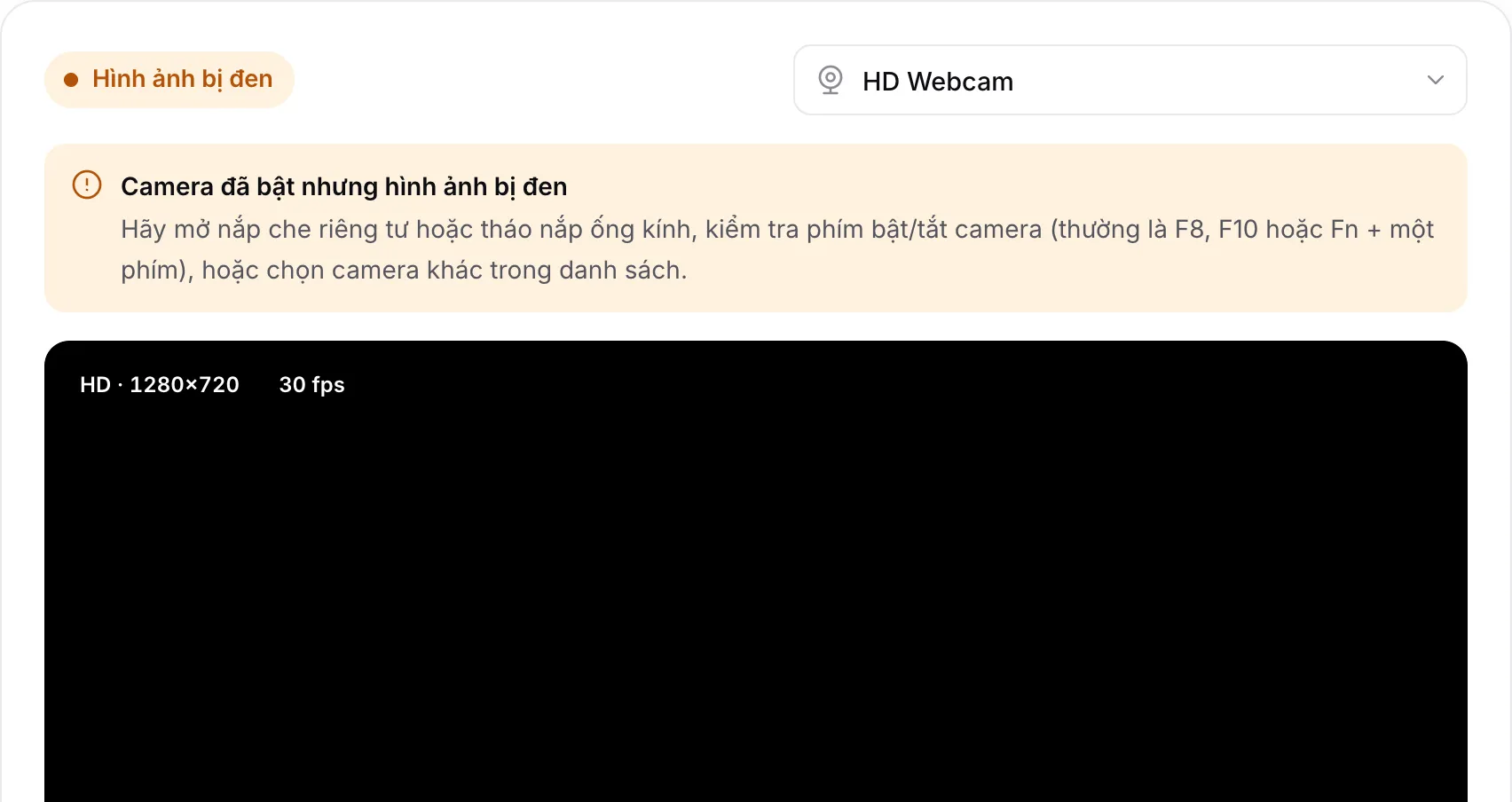 Bài kiểm tra webcam hiện cảnh báo “Camera đã bật nhưng hình ảnh bị đen” phía trên một hình ảnh đen