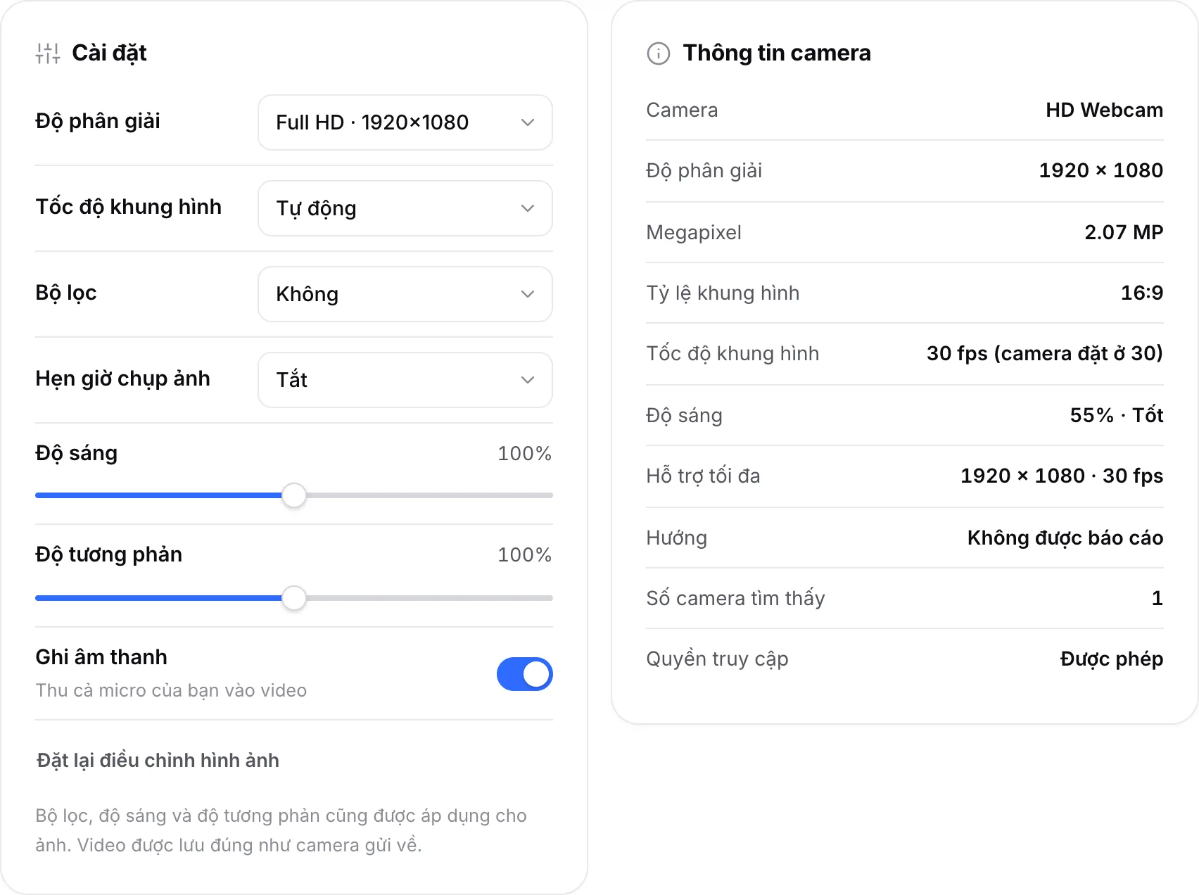 Cài đặt với độ phân giải Full HD bên cạnh Thông tin camera hiển thị 1920 × 1080, 30 fps và độ sáng 55% · Tốt