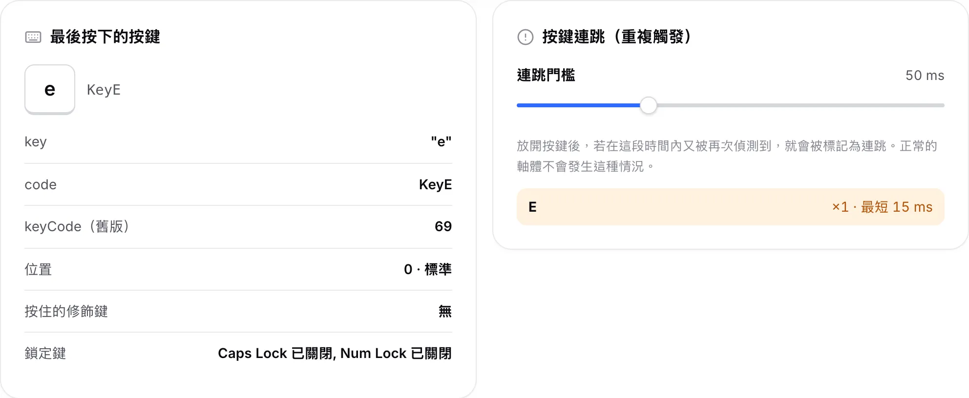 「最後按下的按鍵」面板顯示 E 鍵，「按鍵連跳」面板列出 E 與它的最短間隔（毫秒）