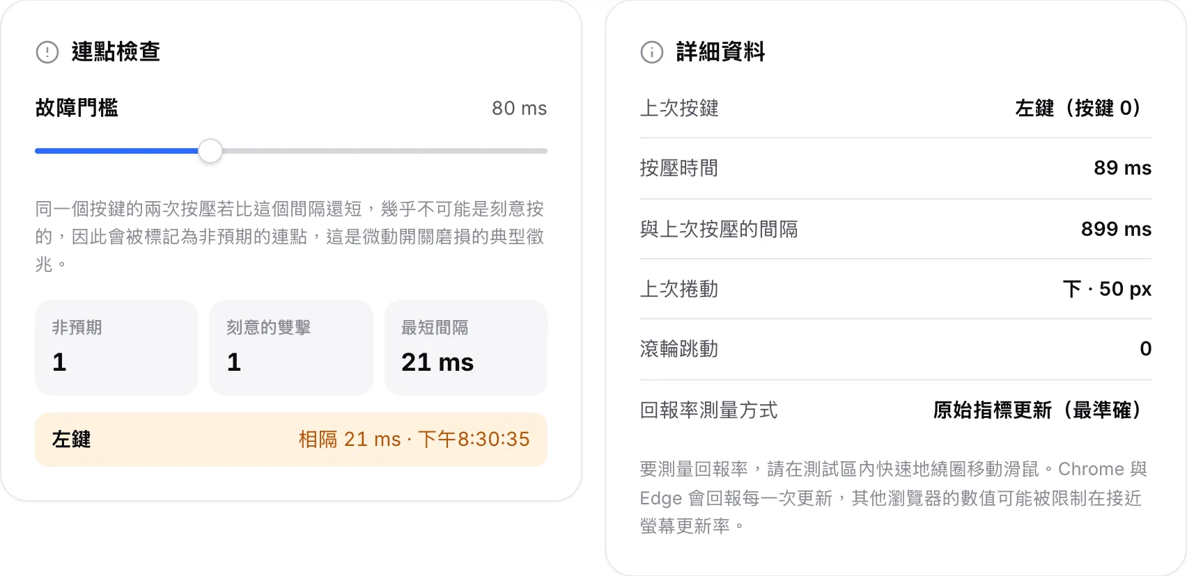 「連點檢查」面板列出左鍵上一次非預期的連點與一次刻意的雙擊，旁邊是「詳細資料」面板