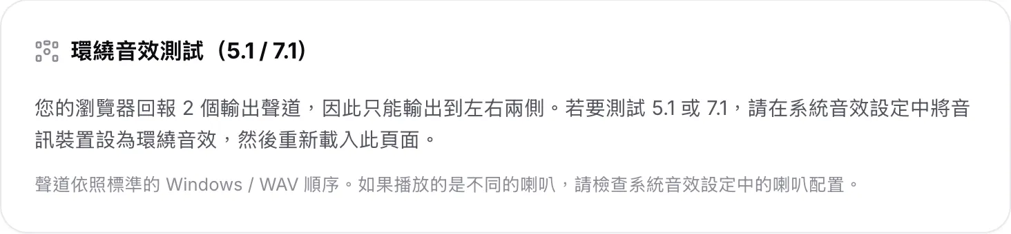環繞音效測試說明瀏覽器回報 2 個輸出聲道，因此只能輸出到左右兩側