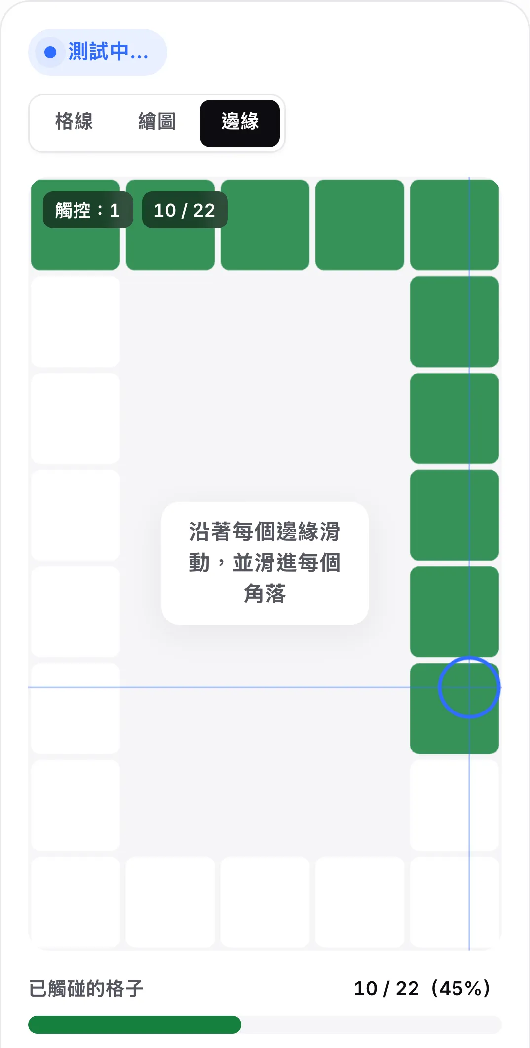 邊緣模式：邊框周圍的一圈格子，頂端與右側已變綠，並提示「沿著每個邊緣滑動，並滑進每個角落」