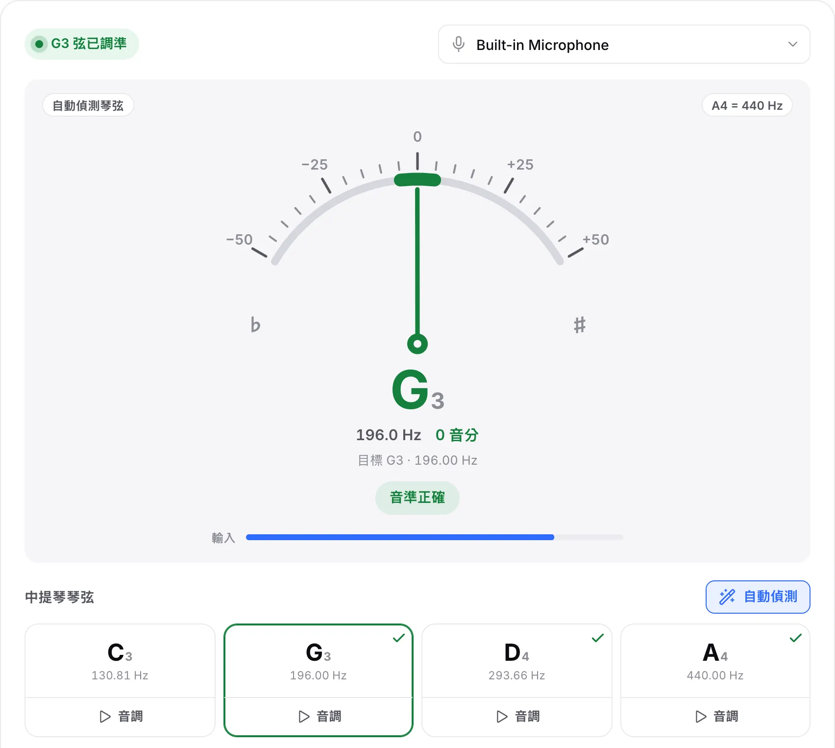 G 弦已調準：綠色指針位於 0 音分，狀態為「G3 弦已調準」，G、D 與 A 弦上有勾號
