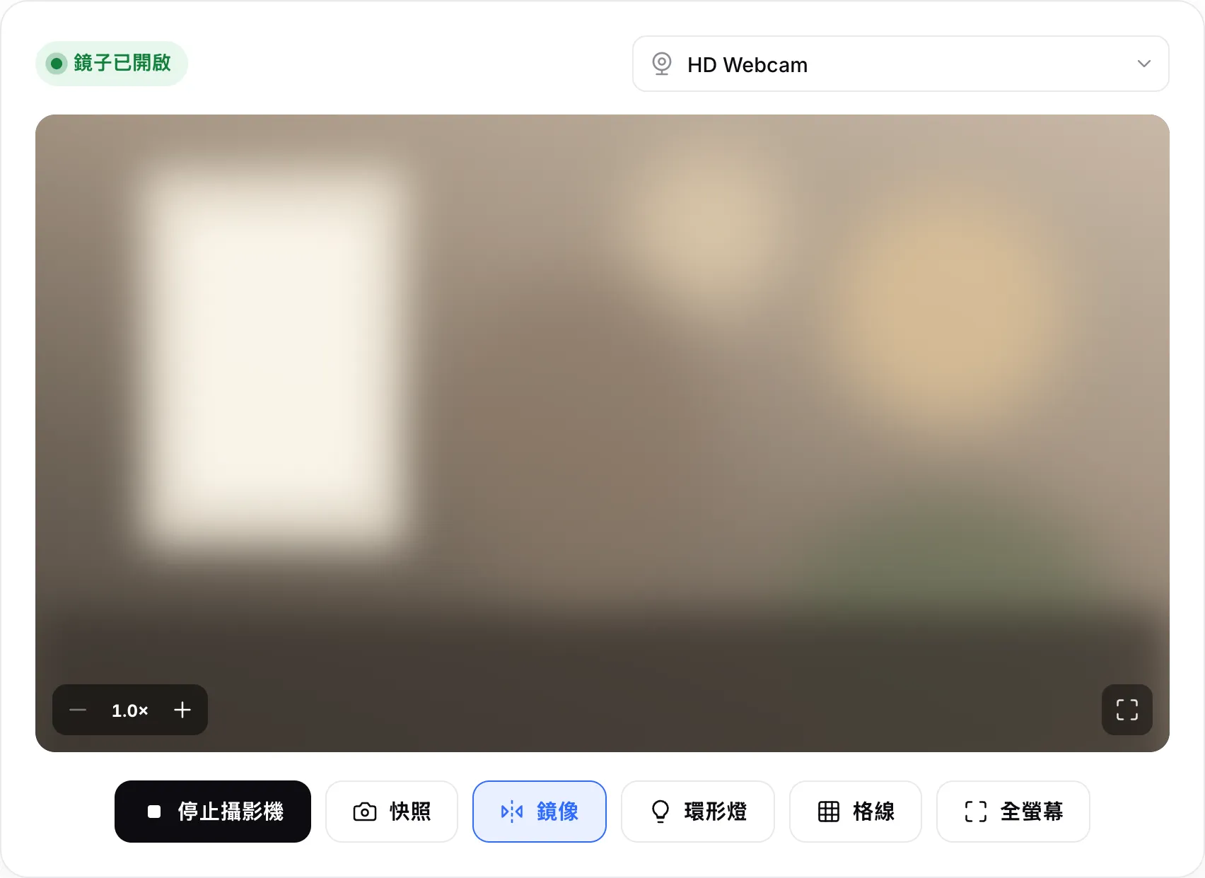 運作中的網路攝影機鏡子，狀態顯示「鏡子已開啟」，畫面上有縮放按鈕與環形燈按鈕
