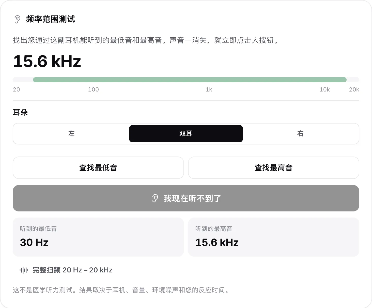 带有结果的频率范围测试：听到的最低音 30 Hz，最高音 15.6 kHz，在刻度上显示为绿色区间