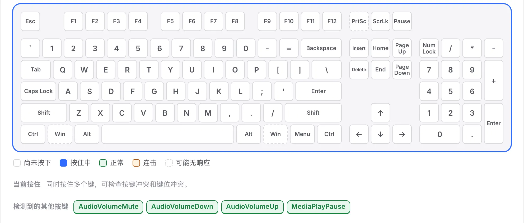 F 键行仍为白色，而 AudioVolumeMute、AudioVolumeDown、AudioVolumeUp 和 MediaPlayPause 列在“检测到的其他按键”下