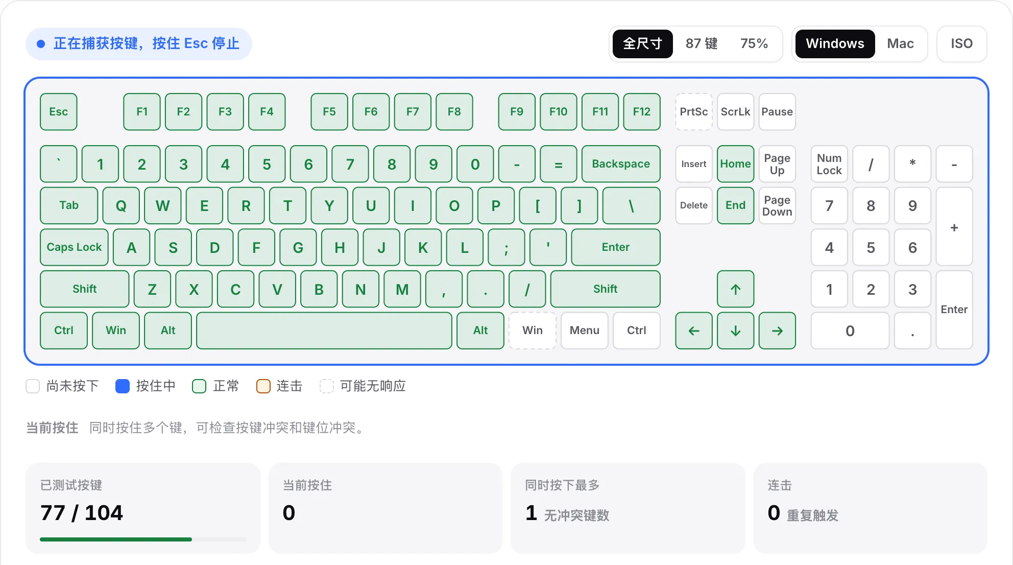 虚拟键盘上大部分按键为绿色，小键盘仍为白色，已测试按键为 104 个中的 77 个