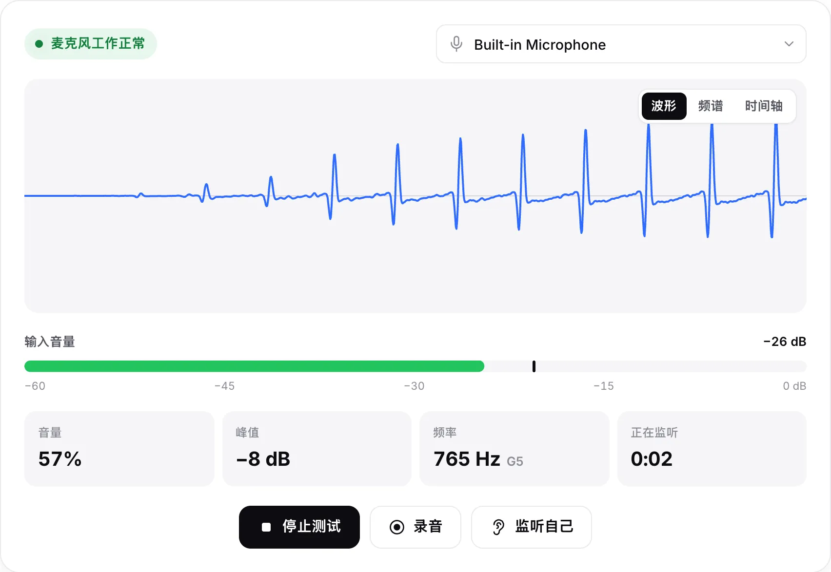 正常工作的麦克风：波形在移动，输入音量约 −26 dB，绿色状态为“麦克风工作正常”