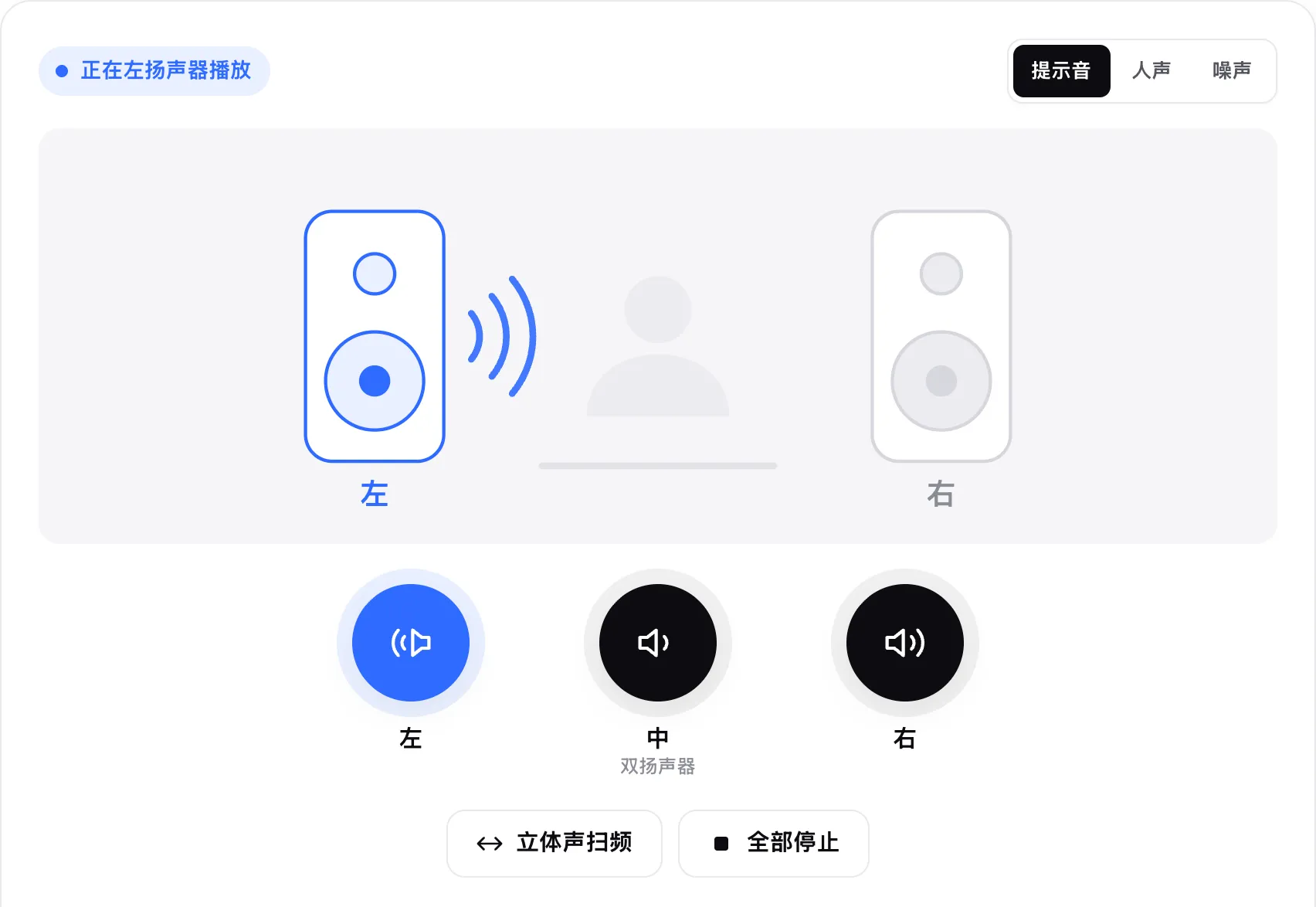 正在左扬声器播放的声音测试：示意图中左扬声器亮起，“左”按钮高亮