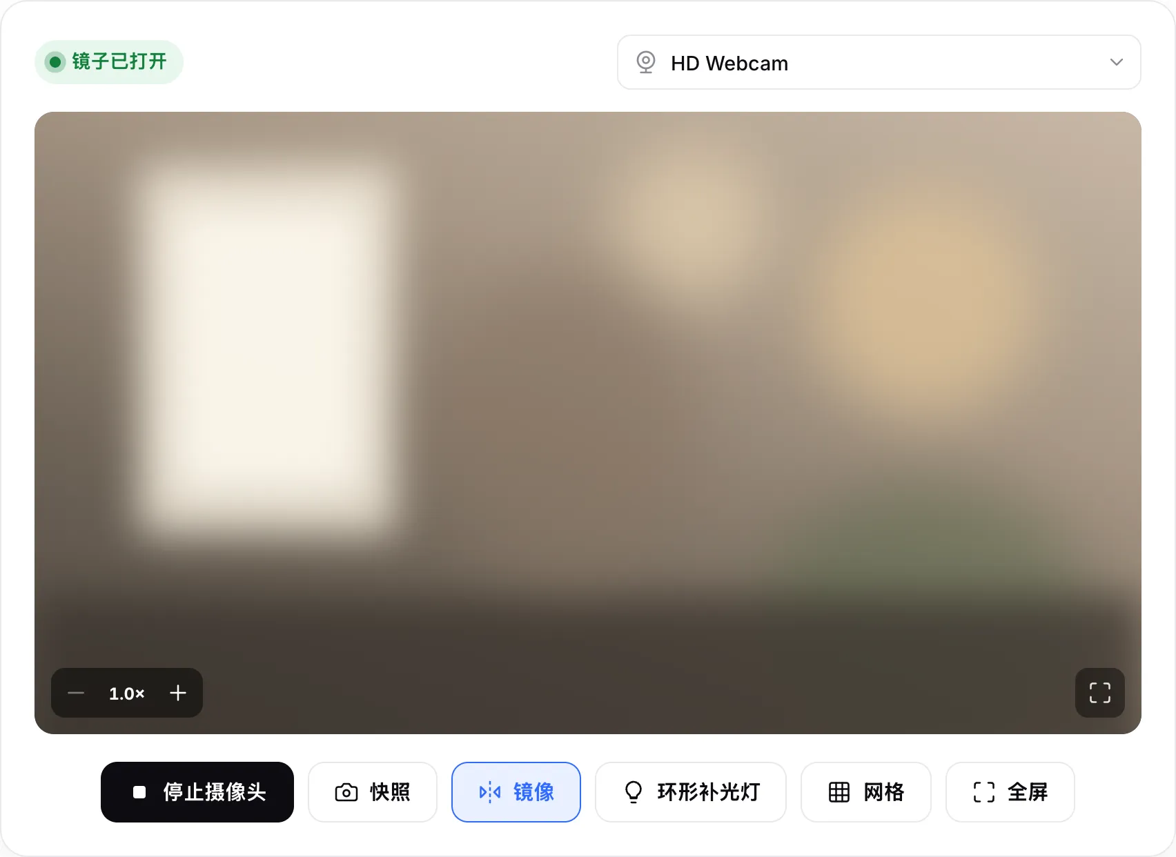 正在运行的摄像头镜子，状态为“镜子已打开”，画面上有缩放按钮和“环形补光灯”按钮