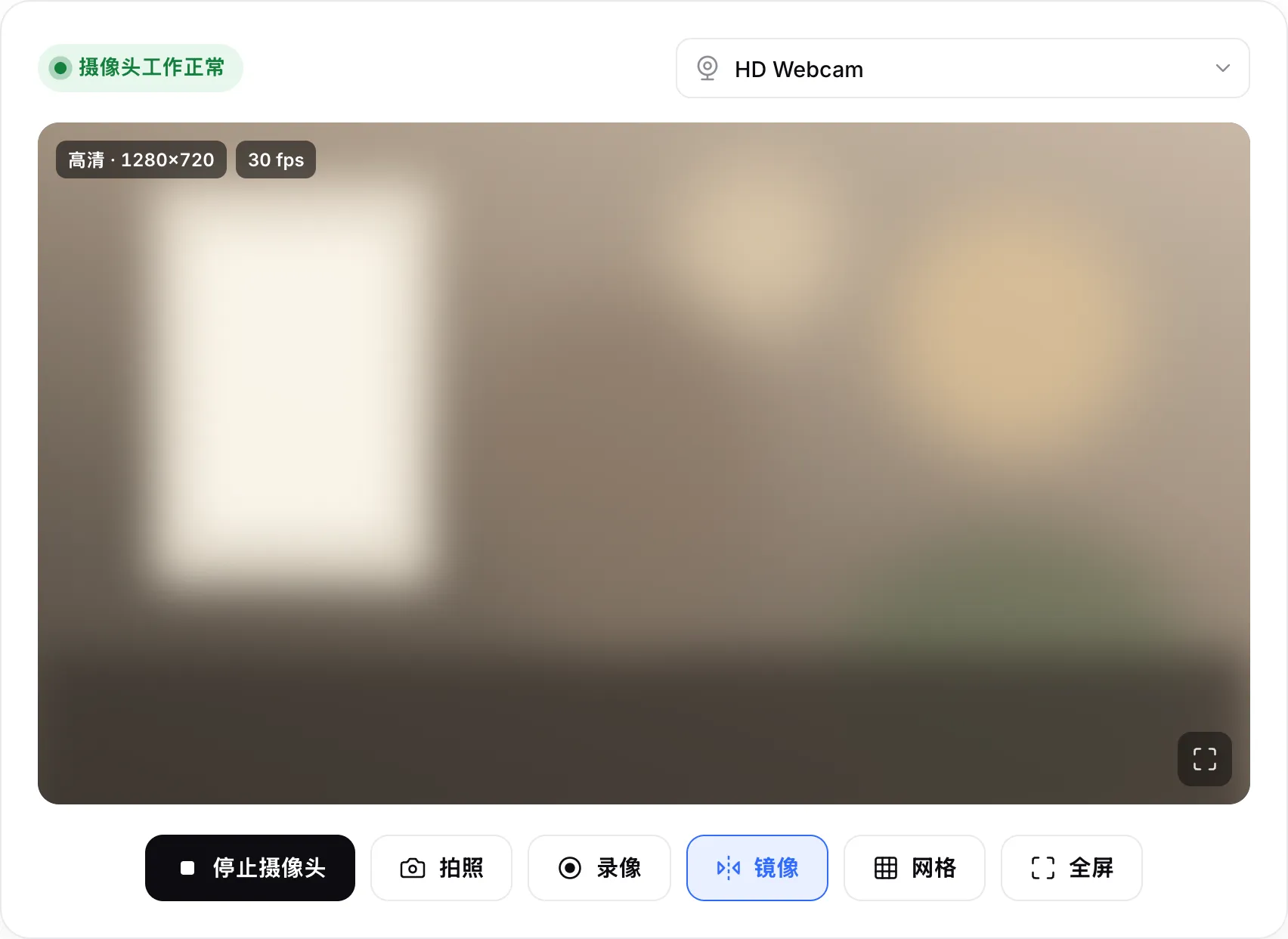 正常工作的摄像头：实时画面，标记为“高清 · 1280×720”和“30 fps”，绿色状态为“摄像头工作正常”